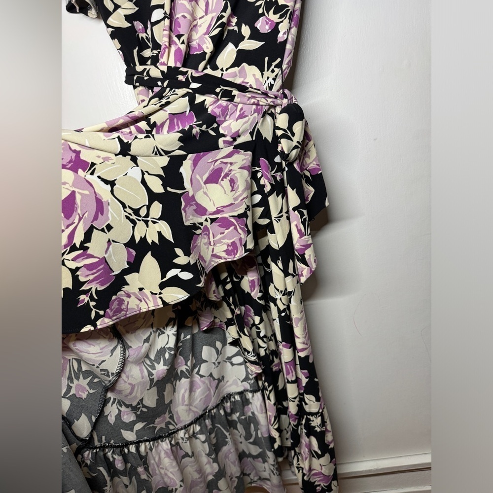 Lauren Ralph Lauren Floral Belted Faux Wrap Purple Cream Black Jersey Dress 4 - Picture 9 of 16